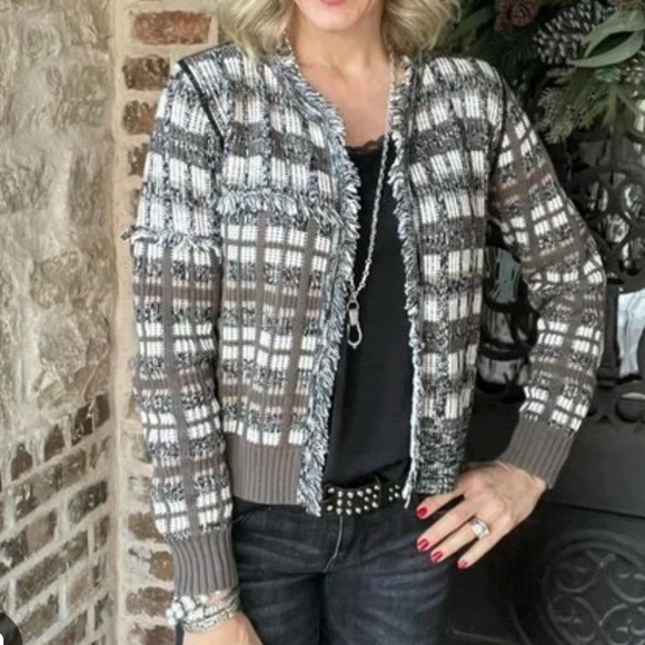 Cabi Classic Fringe 100% Cotton Open Cardigan Sweater Brown Plaid - Picture 3 of 10
